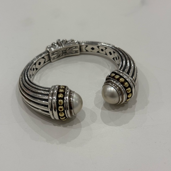 LAGOS Jewelry - LAGOS Silver Tone Cuff Bracelet with Pearl End Caps and Gold Accents